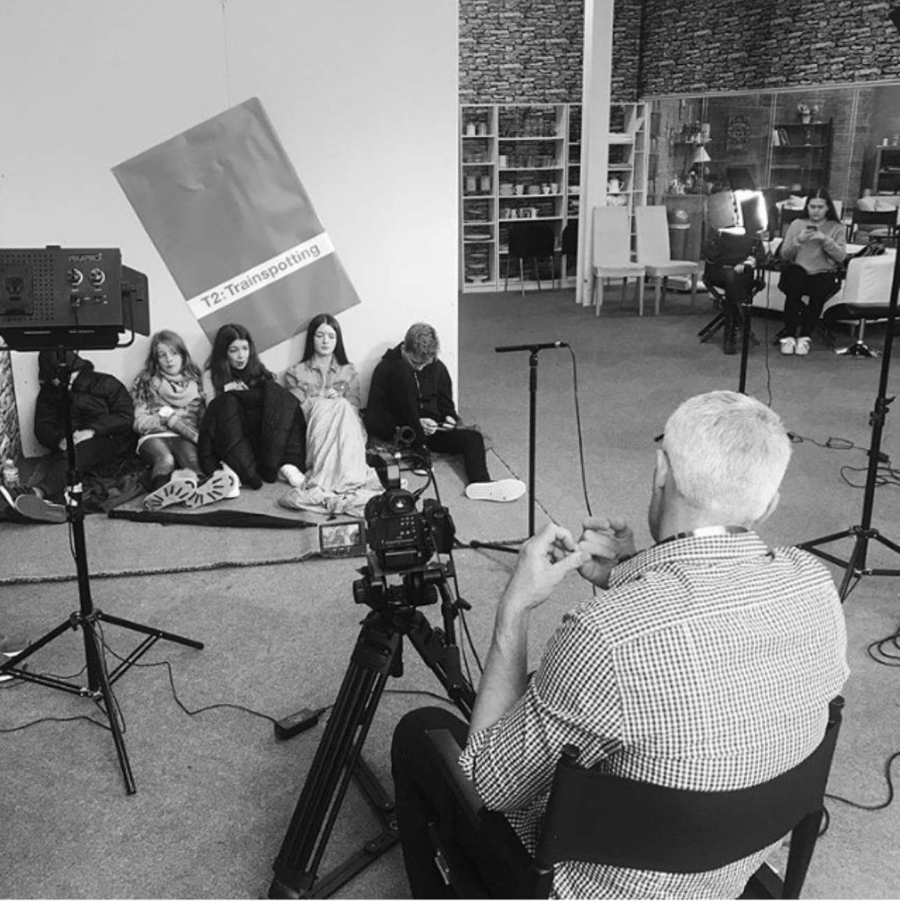 Stuart directing an acting-for-camera class with professional filming equipment